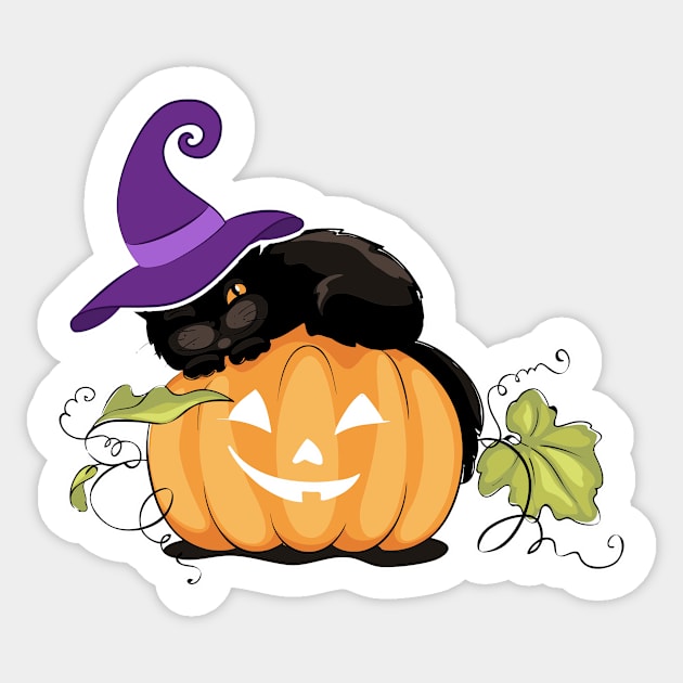 Witchy Black Cat and Funny Pumpkin Cute Halloween Sticker by CasperX10